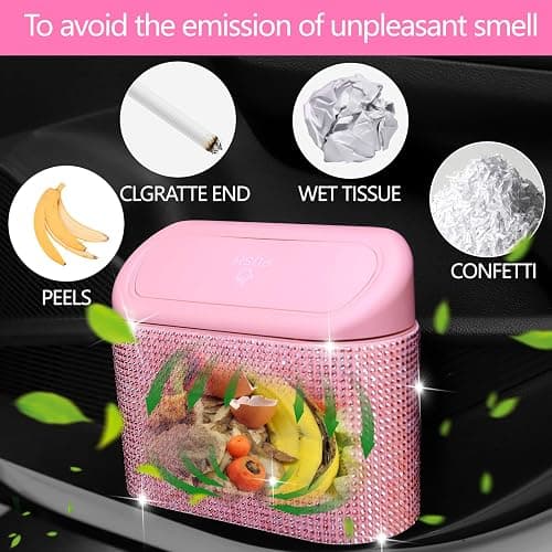 NBTEPEM Bling Pink Car Trash Can with Lid - 2 Pack, Mini Auto Garbage Can with 60 Trash Bags, Automotive Garbage Container Bin, Bling Car Accessories Trash Can for Women (Pink Diamond) thumbnail 3