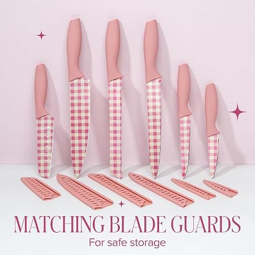 Paris Hilton Kitchen Knife Set, Stainless Steel Blades with Ergonomic Soft Touch Handles and Blade Guards, Gingham Design, 12-Piece, Pink thumbnail 7