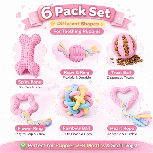 Puppy Chew Toys, 6 Pack Puppy Teething Toys for Small Breed, Soft Rubber Cute Pink Dog Toys, Eco-Friendly, Teeth Cleaning Interactive for Small Dogs (Basket not Included) thumbnail 3