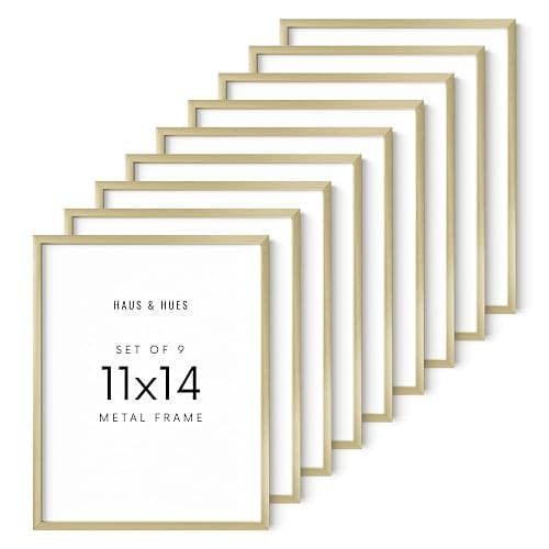 HAUS AND HUES 11x14 Gold Metal Picture Frames - Features Premium Aluminum, Vertical & Horizontal Hang, Shatterproof Plexiglass - Ideal for Home, Room, Office (11x14 in, Gold, Set of 9) - Image 1