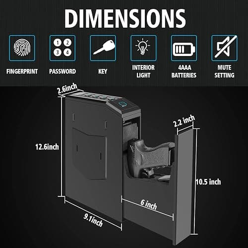 Hidden Gun Safe for Pistols, Biometric Fingerprint Smart Slider Handgun Safe for Nightstand, Desk, Bedside, Wall,Truck -Auto Sliding Door- Fingerprint, PIN Code, KEY Access (Black-Biometric) thumbnail 2