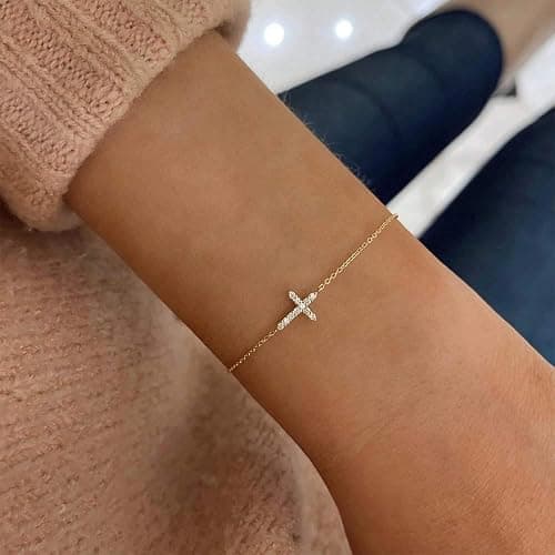 Gold Bracelets for Women,Dainty Gold Cross Bracelet 14K Gold Plated Beaded Bracelets for Women Trendy Bracelet Stack Pearl Bracelet Set Waterproof Chain Bracelet Gold Jewelry for Women Baptism Gifts thumbnail 2