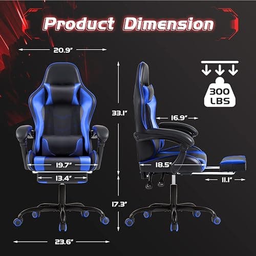 Shahoo Gaming Chair with Footrest and Massage Lumbar Support, Video Game Chairs Height Adjustable Seat with Headrest for Office or Bedroom, Study Room, Blue thumbnail 3