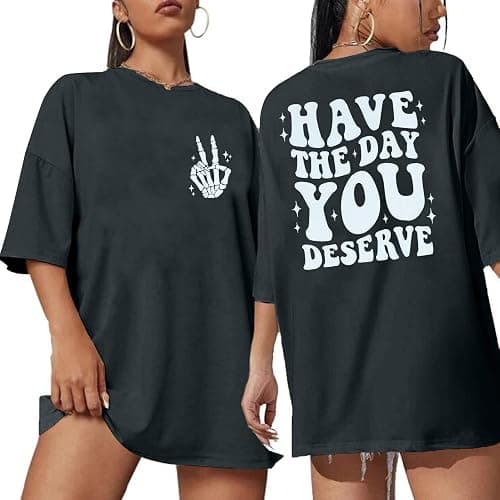 ASTANFY Oversized Tshirts for Women: Deserve Day Shirt Funny Skeleton Shirts Casual Oversized Graphic Tees Tops - Image 1