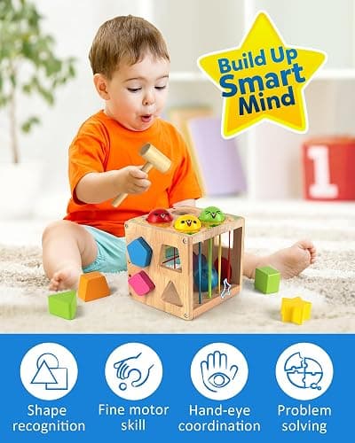 Coogam Wooden Montessori Toys for Toddlers, Shape Sorting Cube Fine Motor Skills Game for Year Old 18 Month+ Baby Boys Girls Gift thumbnail 4