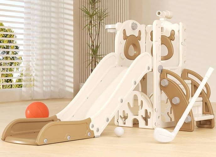 XJD 7 in 1 Toddler Slide, Kids Indoor Slide for Toddlers 12-36 Months, New Upgrade with Golf, Basketball Hoop for Indoor Outdoor Playset,Toddler Playground (White Brown) - Image 1