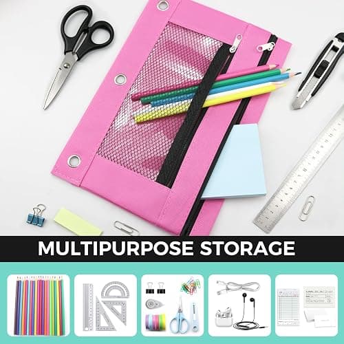 3 Ring Pencil Pouch for Binder, 2-Pocket Zipper Pencil Case with Clear Window & Mesh Pocket, Heavy Duty 600D Oxford Fabric Binder Pouch for School Office Supplies, Fits Standard 3-Ring Binders, Pink thumbnail 6