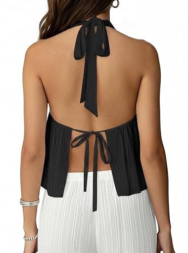 Remidoo Women's Split Front Halter Top Cropped Backless Tie Back Cami Tops thumbnail 2