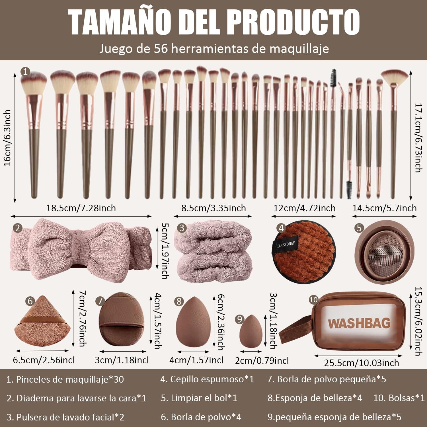 56 Piezas Set de Brochas de Maquillaje Profesional Completo, Juego de Brochas para Maquillar Ojos Mejillas y Rostro | Ideal para Regalo, Uso Diario y Maquillistas Expertas (Marrón 56 PCS) thumbnail 2