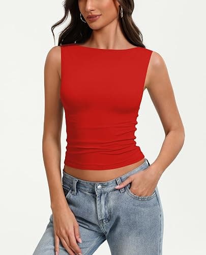 Avidlove Boat Neck Tops for Women Double Lined Going Out Cute Tank Basic Fitted Summer Classy Tops thumbnail 4