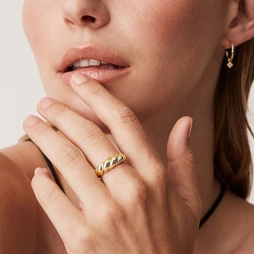 PAVOI 14K Gold Plated Croissant Dome Rings for Women - Trendy Twisted Braided Band - Chunky Signet Stackable Ring Stetement Jewelry thumbnail 2