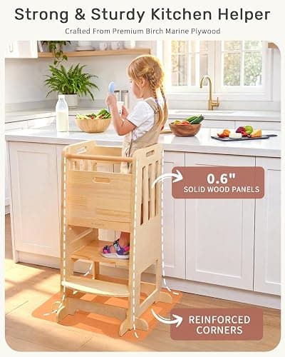 WINGYZ Toddler Tower - Anti-Tip Natural Wood Learning Stool for Kids 18M-6Y, 150lb Capacity Kitchen Helper Stool with 3-Height Adjustable Platform and Sliding Door Access, 20lb Portable Design, Wood thumbnail 4