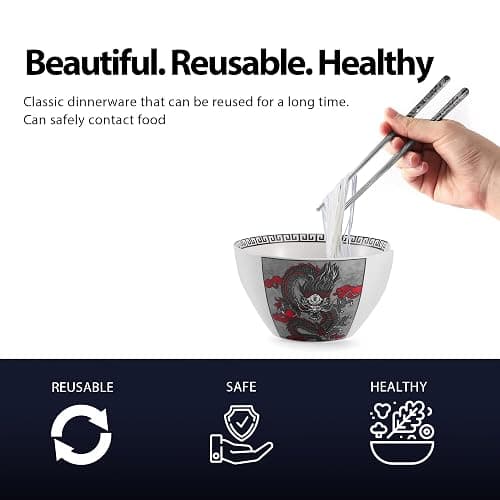 Hagary Dragon Ceramic Bowls Japanese Korean Soup Bowl Pasta Salad Dessert Serving Bowls Housewarming Wedding Gifts Designed in Korea (With Chopsticks) (Black, 20 oz - 1pc) thumbnail 5