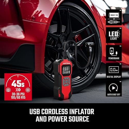 CRAFTSMAN Tire Inflator Portable Air Compressor, Cordless Mini Air Pump for Car Tires with Digital Tire Pressure Gauge, 6000mAh Battery Powered Air Pump, Max Pressure 150 PSI, 12V DC Corded thumbnail 2