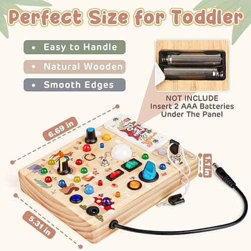Joyreal Wooden Busy Board with LED Lights, Montessori Sensory Toys for Toddlers, Activity Fidget Board Travel Toys for Fine Motor Skills & Learning, Gifts for 1-3 Year Old Boys & Girls (Forest Theme) thumbnail 2