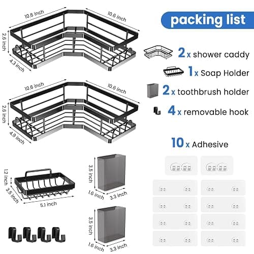 PKBD Corner Shower Caddy 3 Pack,Bathroom Storage No Drilling,shower storage with Soap Holder&Hooks&Toothpaste Holders,Bathroom or Kitchen,Rustproof Stainless Steel suction bathroom accessories,Black - Black - 3-Pack thumbnail 2