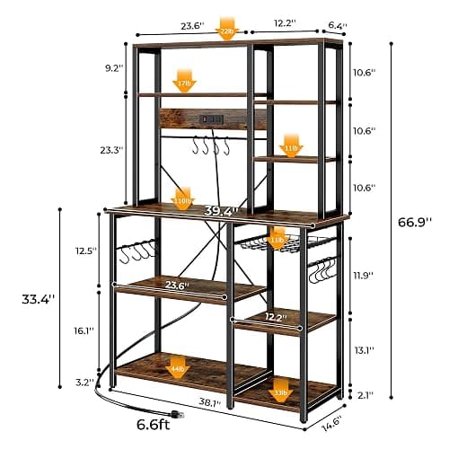 SUPERJARE Large Bakers Rack with Power Outlets, 6-Tier Microwave Stand, Coffee Bar with 12 S-Shaped Hooks, Kitchen Shelf with Wire Basket, 39.4 x 14.6 x 66.9 Inches, Rustic Brown thumbnail 3