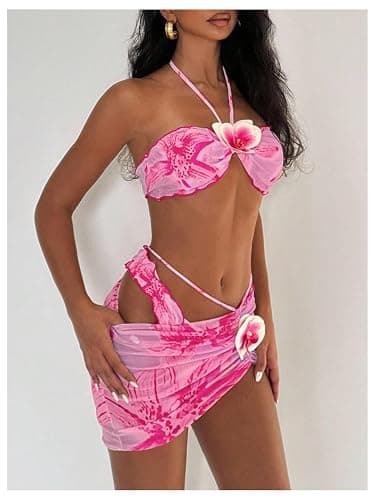 SOLY HUX Women's 3 Piece Swimsuit Floral Halter Bikini Set Beach Vacation Bathing Suit with Drawstring Cover Up Skirt thumbnail 3
