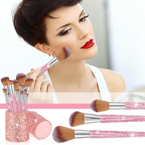 Rtteri 13 Pcs Rhinestone Pink Makeup Brushes Set Bling Crystal Professional Face Cosmetics Blending Liquid Foundation Powder Concealer Eye Shadows Make up Beauty Tool Glitter with Holder thumbnail 4