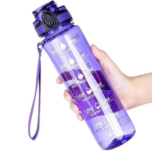 OLDLEY Water Bottle, 32oz Motivational Sports Water Bottle with Time Marker - Times to Drink - Tritan, BPA Free, Wide Mouth Leakproof,Deep Purple - Image 1
