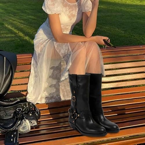 Elbslutt Mid Calf Boots For Women Chunky Low Heel Riding Booties Motorcycle Biker Round Toe Wide Calf Fashion Buckle Western Booties Trendy Stylish Shoes Boots thumbnail 2