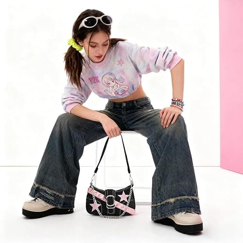 MJFSGYO Cute Y2k Purse for Women, Star Embroidery Pattern with Chain Strap Shoulder Bag, Goth Style Cute Mini Purse thumbnail 2