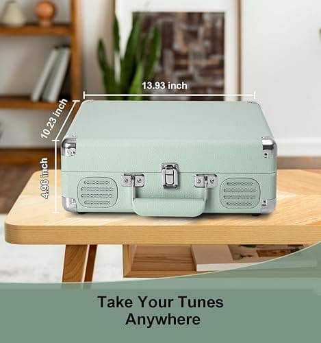 MANGOSTAN Record Player 3 Speed Bluetooth Portable Suitcase, Vinyl Phonograph with Built-in Bass & Speakers, Belt-Driven LP Player Support AUX-in RCA Line Out Headphone Jack, Green thumbnail 5