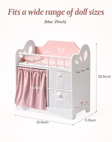 ROBUD Baby Doll Crib, Wooden Doll Bed with Storage and Bedding, of Toy Baby Crib to Kids, Pink Baby Doll Beds Suit for Dolls Under 22 Inches thumbnail 3