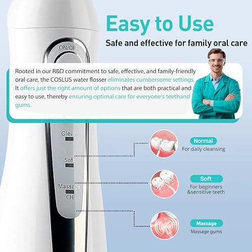 COSLUS Water Dental Flosser Teeth Pick: Portable Cordless Oral Irrigator 300ML Rechargeable Travel Irrigation Cleaner IPX7 Waterproof Electric Flossing Machine for Teeth Cleaning C20(F5020E) White thumbnail 6