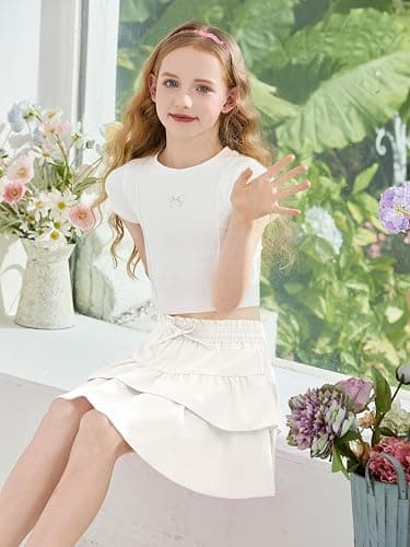 Haloumoning Girls Ruffle Tiered Mini Skirt Kids Drawstring High Waist Flowy Tennis Golf Skorts 5-14 Years thumbnail 4