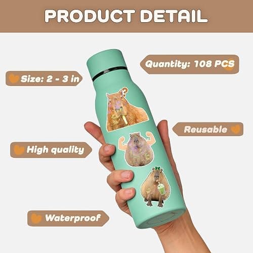 Capybara Stickers, 108 PCS Funny Vinyl Waterproof, Meme Animals Holographic Decals Stickers for Laptop, Water Bottles, Capy Birthday Decorations, Gifts for Capybara Lover thumbnail 4