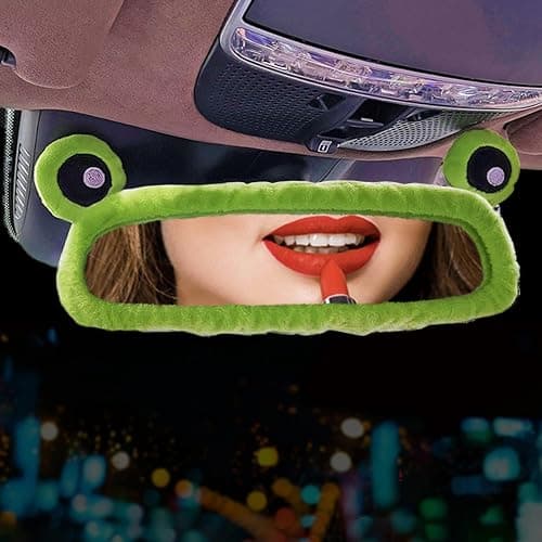 Forala 7-Pack Lovely Cartoon Frog Car Accessories Set Fluffy Wool Sheepskin Steering Wheel Cover with Cup Coasters, Soft Plush Rear Mirror Cover Accessories for Women (Green) thumbnail 4