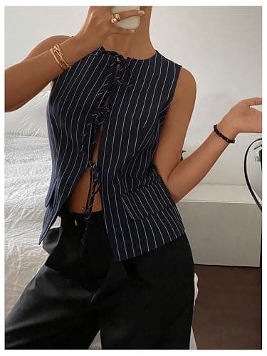 MakeMeChic Women's Striped Bow Tie Front Blouse Crew Neck Sleeveless Vest Top thumbnail 5
