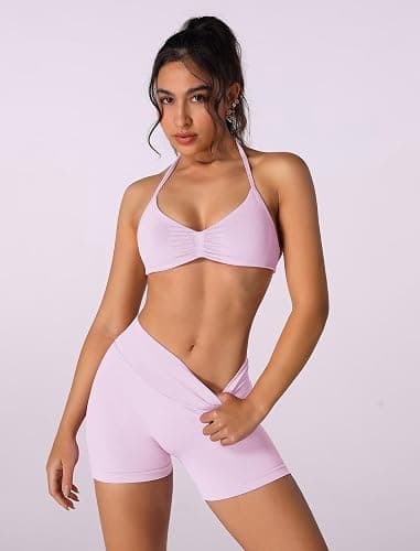 ABOCIW Womens Seamless Workout Sets 2 Piece Strappy Halter Sports Bra Scrunch Butt Shorts Gym Yoga Outfits thumbnail 4