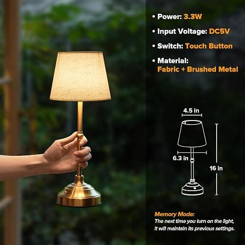 keysays 2 Pack Cordless Table Lamp, Rechargeable Desk Lamp with Fabric Shade, Battery Operated 3 Color Stepless Dimming, Small Touch Bedside Lamp Home Decor for Dining, Counter(Brushed Gold) thumbnail 6