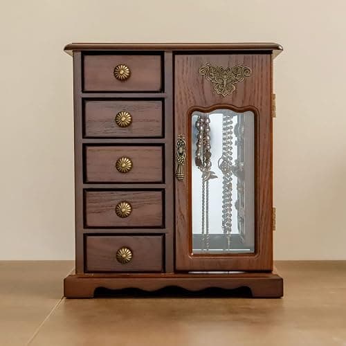 Kendal Wooden Jewelry Box for Women, Solid Jewelry Organizer With 5 Drawer, Jewelry Holder Organizer, Wood Jewelry Case with Butterfly Pattern & Mirror for Necklaces, Earring, Rings (Brown with 5 drawer) thumbnail 8