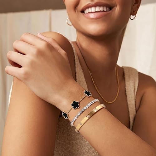 Womens Stackable Floral Gold Bracelets - 3Pcs 18K Gold Plated Bracelet,Stainless Steel Bangle Bracelets Non Tarnish, Gold Bracelet Set Trendy Jewelry,Christmas Valentines Birthday Gifts for Girlfriend thumbnail 3