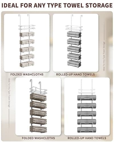 Aetyord Hanging Towel Racks for Bathroom No Drill - Over The Door 6-Tier Bath Towel Storage Organizer for Small Bathrooms - Back Door Large Tiered Towel Holder Hanger for Rolled Towels RV Camper White | 6-Tier Over The Door Bath Towel Storage Organizer with Metal Shelf Basket for Small Bathrooms RV Camper White thumbnail 2