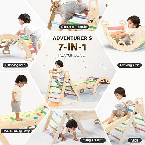 BlueWood Pikler Triangle Set 7in1 Foldable Baby Climbing Toys Wooden Montessori Climbing Set with Arch&Ramp&Ladder Baby Climber Indoor Jungle Gyms for Toddlers Montessori Toys - Rainbow - Rainbow thumbnail 6