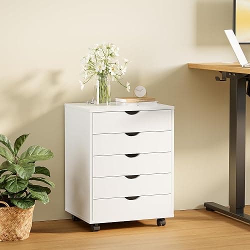 Sweetcrispy 5 Drawer Chest Mobile Storage Cabinets Small Wooden Dresser with Wheels Room Organization Furniture for Office Home, White Wood thumbnail 2