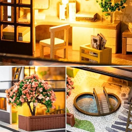 OZJAY DIY Miniature House Kit, Tiny House Kit with Dust Proof Cover & Tools, DIY Wooden Dollhouse Miniature Kit for Adults Teen, Wooden Crafts Lovely Dollhouse Kit - Dream Town thumbnail 5