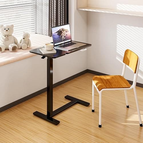 DUMOS Overbed Bedside Table Adjustable with Wheels, Mobile Standing Stand Up Rolling Laptop PC Desks with Tilting Top Height Tray Side Computer Workstation for Bedroom on Hospital Home Use, Black thumbnail 9