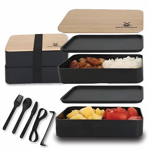 Bento Box Adult Lunch Box Set with Compartments – Stackable Dual-Layer Lunch Containers for Men & Women, Lightweight & Durable, Black Base & Wood Grain Lid, for Work, School, Travel, Meal & Prep - Image 1