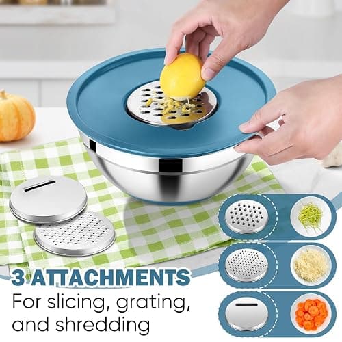 E-far 25PCS Mixing Bowls with Lid Set, Stainless Steel Nesting Prep Bowls with Grater Attachments Non-Slip Bottoms for Cooking, Baking, Serving, Food Storage, 4.6/2.6/2/1.5/1/0.7QT - Blue thumbnail 3