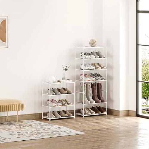 Vockot Small Shoe Rack 6-8 Pairs Sturdy Shoe Shelf 4-Tiers Narrow Stackable Shoe Organizer,Lightweight Kids Shoe Racks for Entryway, Doorway and Closet(White) thumbnail 6