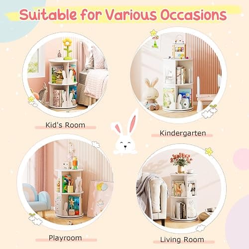HONEY JOY Kids Rotating Bookshelf, Wooden Spinning Small Corner Organizer w/Baffles, 360°Display Standing Toddler Bookshelf, Narrow Storage Rack, Montessori Book Shelf for Nursery, Playroom (White) thumbnail 6
