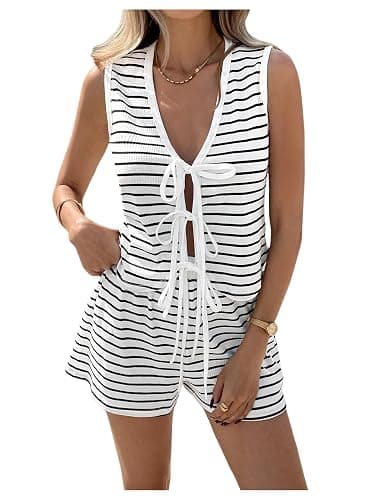 SOLY HUX Women's Summer 2 Piece Outfits Striped Bow Tie Front V Neck Tank Tops and Shorts Set - Image 1