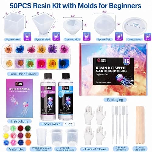 LET'S RESIN 16oz Epoxy Resin Kits and Molds Complete Set for Beginners | Resin Art Kit With Silicone Molds, Pigment, Dried Flowers, for Adults, Art Supplies for DIY Lovers, DIY Gift for Women thumbnail 7