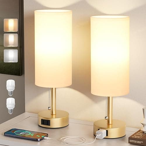 Fenmzee Gold Bedside Table Lamps Set of 2-3 Color Temperatures Pull Chain Lamp with AC Outlet Charging Port, Two Round Night Stand Lamps for Bedroom Office Living Room thumbnail 7