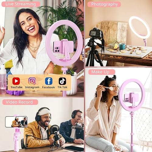 UBeesize 12” Selfie Ring Light with 62” Extendable Tripod Stand & Remote, LED Light with Phone Holder for Video Recording/Makeup/Content Creator (YouTube/TikTok/Twitch), Phone, Camera & Webcam (Pink) thumbnail 6